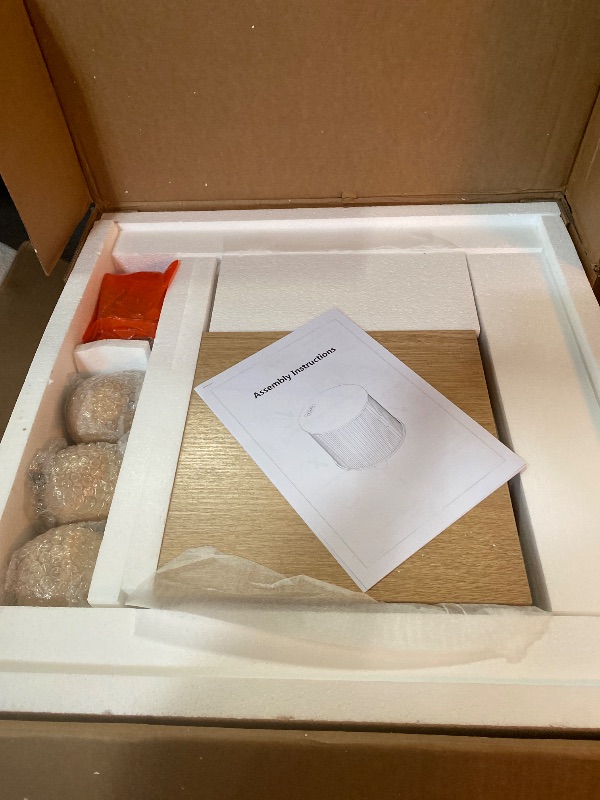 Photo 1 of 24" End Table with Charging Station, Farmhouse Round Fluted Wood Night Stand, Mid-Century Large Side Table with Storage & Sliding Door for Living Room, Bedroom (Round, Natural)