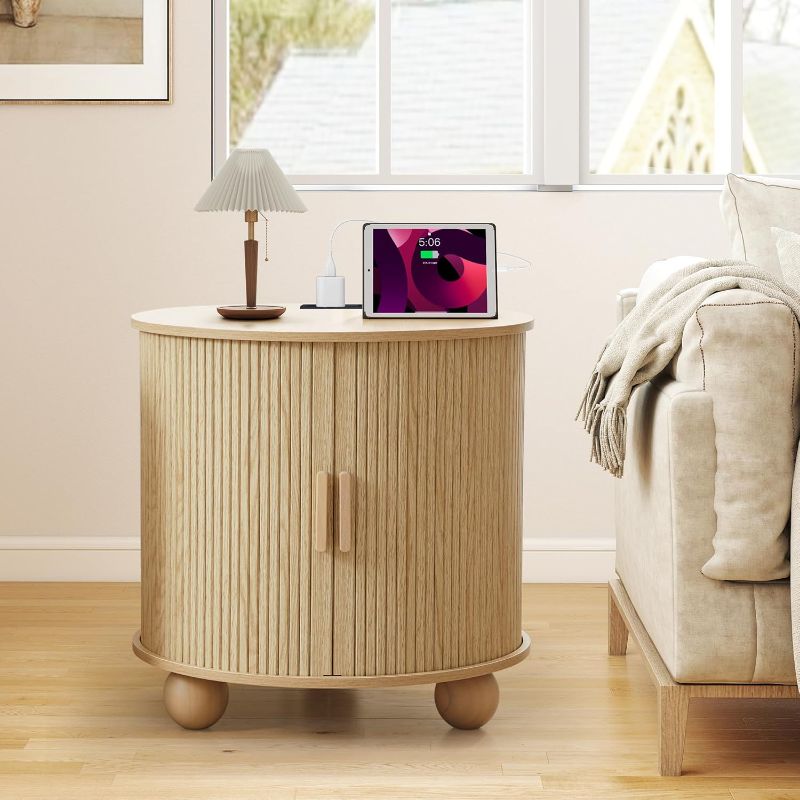 Photo 1 of 24" End Table with Charging Station, Farmhouse Round Fluted Wood Night Stand, Mid-Century Large Side Table with Storage & Sliding Door for Living Room, Bedroom (Round, Natural)