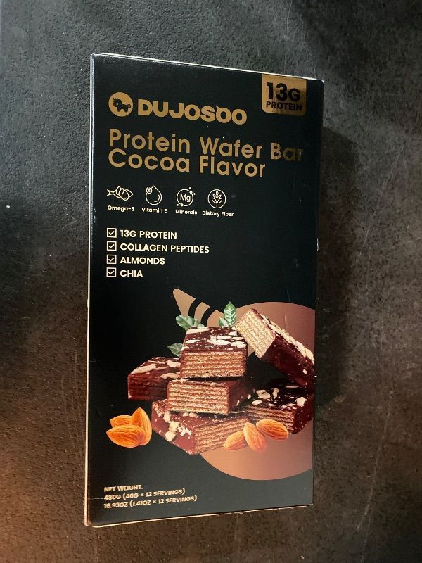 Photo 1 of DUJOSOO Protein Wafer Bar,Crispy - Silky Texture with Almond Chunks,13g Premium Protein,2g Low Sugar,Add chia seeds,2g Dietary Fiber,Rich in Collagen, Vitamin E and Omega-3,Nutritious Snacks to Support Energy,12 Count(Pack of 1)