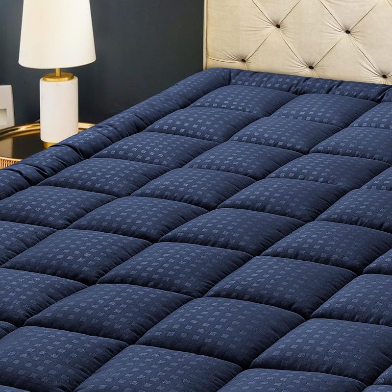 Photo 1 of Full Mattress Pad Quilted Fitted Mattress Protector Cooling Pillow Top Mattress Cover Breathable Fluffy Soft Mattress Topper with 8-21" Deep Pocket, Navy