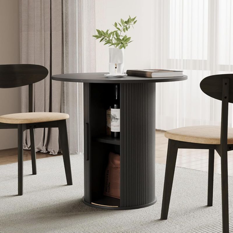 Photo 1 of 31.5" Round Dining Table for 2-4, Modern Kitchen Table with 2-Tier Storage Shelf, Small Wooden Circle Dining Tables with Fluted Base for Home Dining Room Living Room (Black)