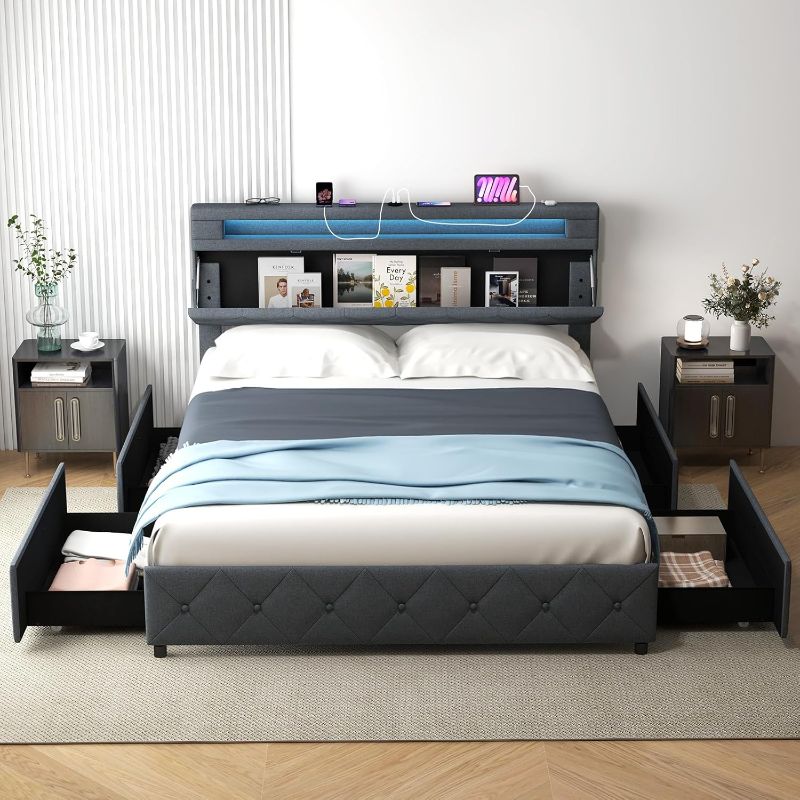 Photo 1 of Queen Bed Frame with Storage Headboard and 4 Drawers, Modern Upholstered Platform Bed with Charging Station & Led Lights, Queen Storage Bed w/Wood Slat Support, No Box Spring Needed, Grey