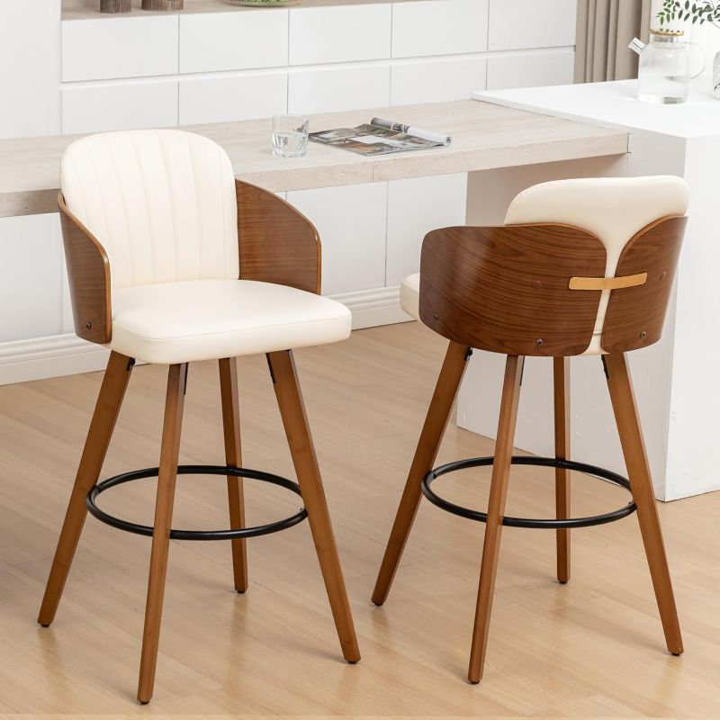 Photo 1 of Counter Height Barstools Set of 2, 26 Inch Mid Century Counter Stools with Walnut Back and Arms Upholstered Seat for Kitchen Island, Beige