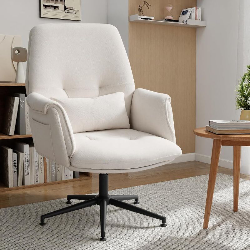 Photo 1 of High Back Home Office Chair Without Wheels, Upholstered Fabric Desk Chair with Armrests, Ergonomic Swivel Computer Task Chair (Grey)