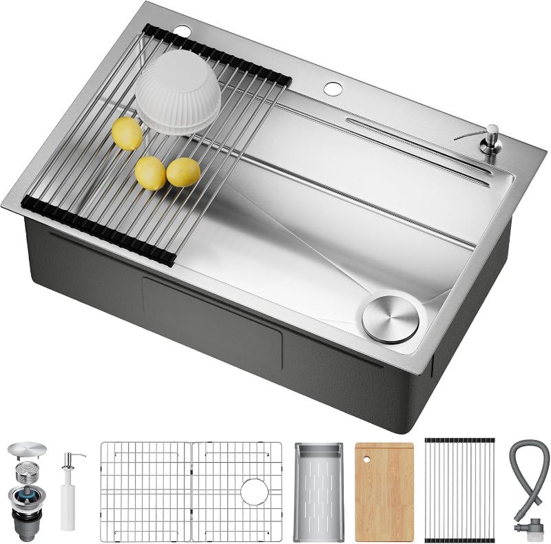 Photo 1 of Drop In Kitchen Sink with Pop-Up Drain, 304 Stainless Steel Workstation Sink, Upgraded Fast Drain, Topmount Single Bowl with Accessories, Foldable Grid for Easy Cleaning