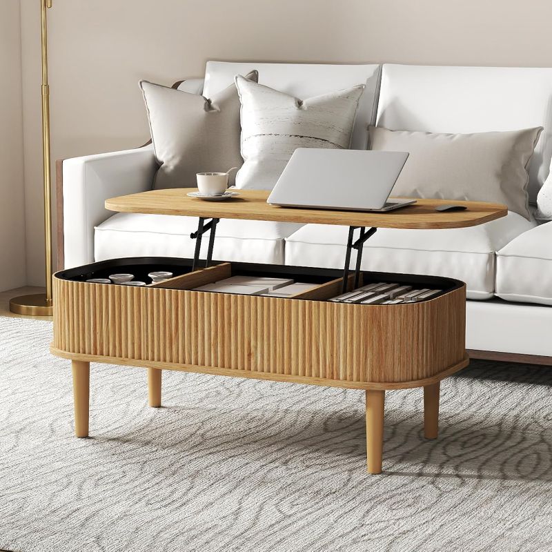 Photo 1 of Fluted Lift Top Coffee Table with Hidden Storage, Oval Coffee Table with Lifting Top, Mid Century Modern Design for Living Room, Office & Small Spaces(Natural)