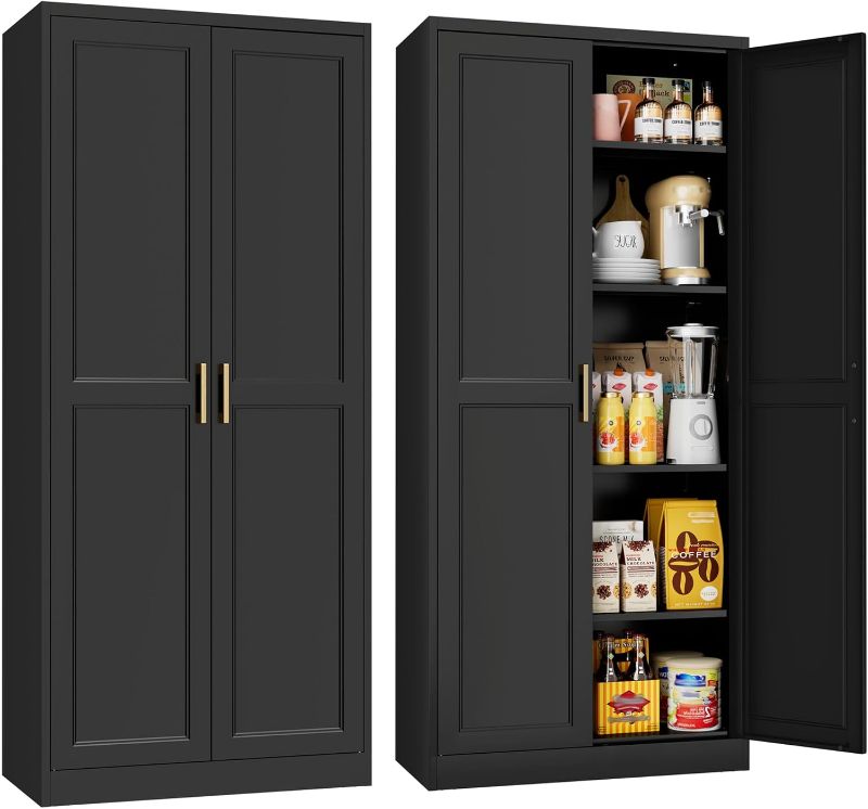 Photo 1 of 71" Tall Kitchen Storage Cabinet with Gold Handles, Metal Pantry Cabinets with 2 Doors, Food Pantry, Adjustable Shelves, Black Freestanding Pantry Cupboard for Dining, Kitchen, Living Room