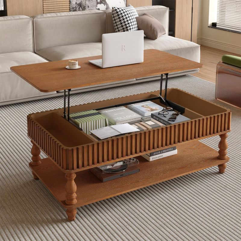 Photo 1 of Lift Top Coffee Table for Living Room, 47.24" Accent Fluted Coffee Table with Storage, Modern Solid Wood Veneered Rectangle Center Tea Table for Small Space Apartment Walnut Brown