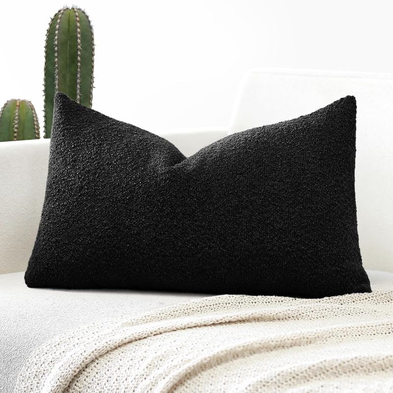 Photo 1 of 1 Textured Boucle Throw Pillow Covers Lumbar Pillow Cases Cozy Soft Decorative Couch Cushion Case for Chair Sofa Bedroom Living Room Home Decor 16 x 22 Inch, Black