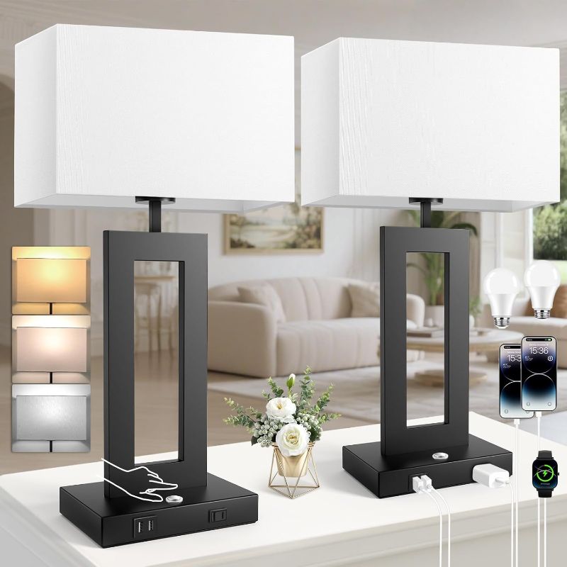 View 1 of 27.2’’ Tall Black Table Lamps for Living Room Bedroom, Bedside Touch Control Lamps with 2 USB Ports&AC Outlet, 3 Color Temp.&Stepless Dimming Desk Lamp Sets for Home Office, Pre-assembled White Shade