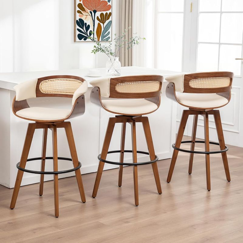 Photo 1 of 1 Rattan Swivel Counter Stools - 26.4 inch Mid Century Modern Counter Stools with Cane Back, Upholstered Seat, Curved Arms, Bar Stools for Island/Kitchen/Cafe (26" Seat Height, Beige)