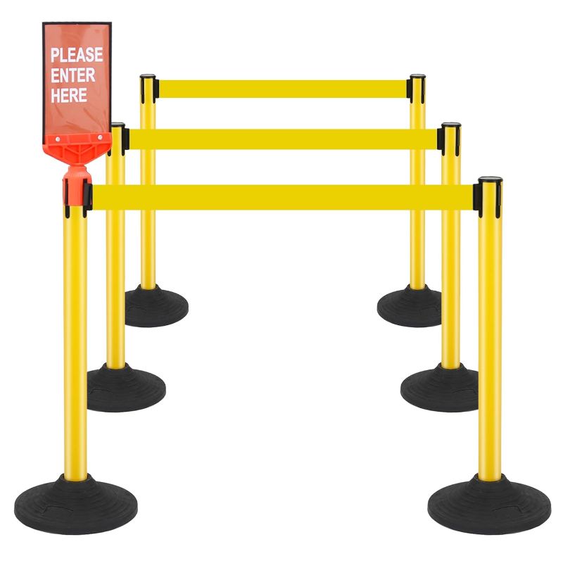 Photo 1 of 6 Pack Stanchions with Retractable Belts - Heavy Duty Crowd Control Barriers with Weighted Rubber Base, Retractable Belt Stanchions for Queue Line, Events, Public Safety(Yellow?6 Pack?