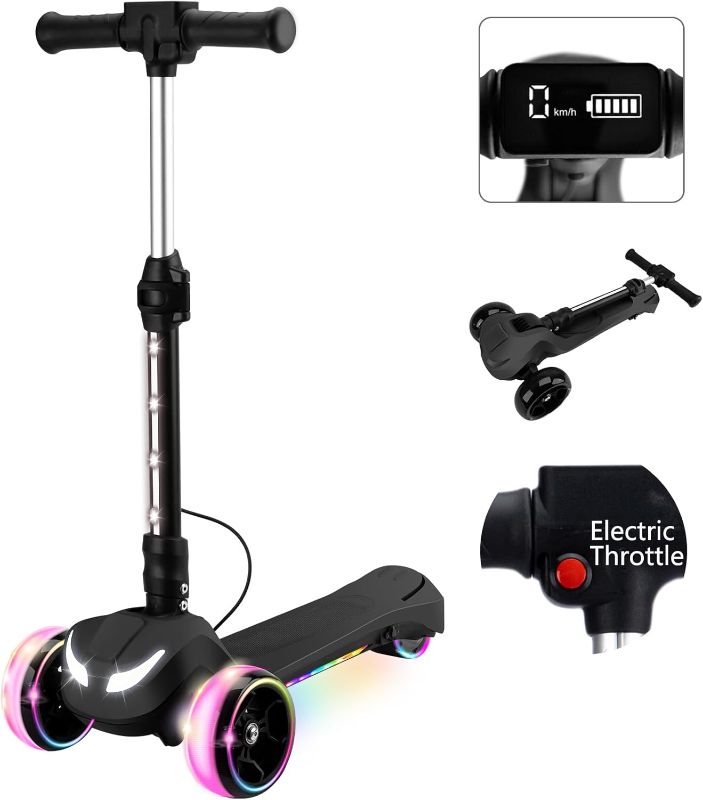 View 2 of 24V Electric Scooter for Kids w/150W Powerful Motor, Thumb Throttle, LCD Screen, Bluetooth, Light-Up Stem Deck & Wheels, 3 Adjustable Heights, 5MPH Safe Speed, 3 Wheel Electric Scooter for Kids