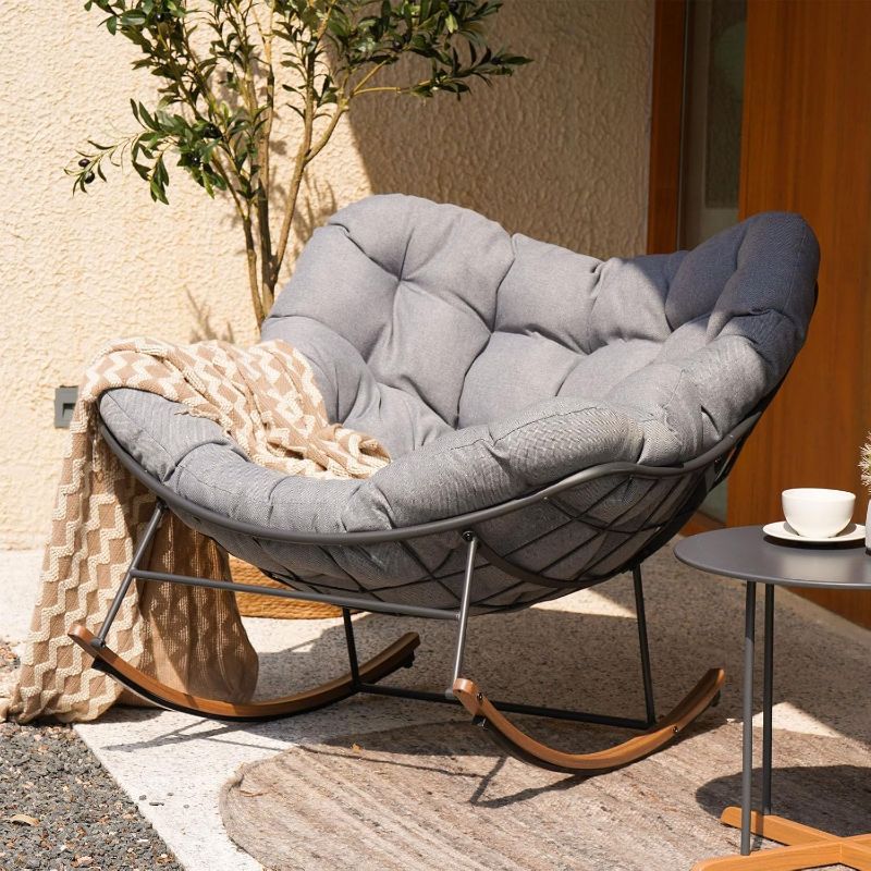 Photo 1 of Grand patio Outdoor Rocking Chair, E-Coated Modern Cozy Lounge Rocker Chair with Cushion for Balcony Porch Patio, Gray