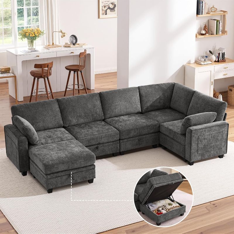Photo 1 of 125" Sectional Couch with Storage, Oversized Chenille Modular Sectional Sofa for Living Room Convertible Deep Seat Sofa Couches with Ottoman, Armrest Pillow, Corner (Grey)