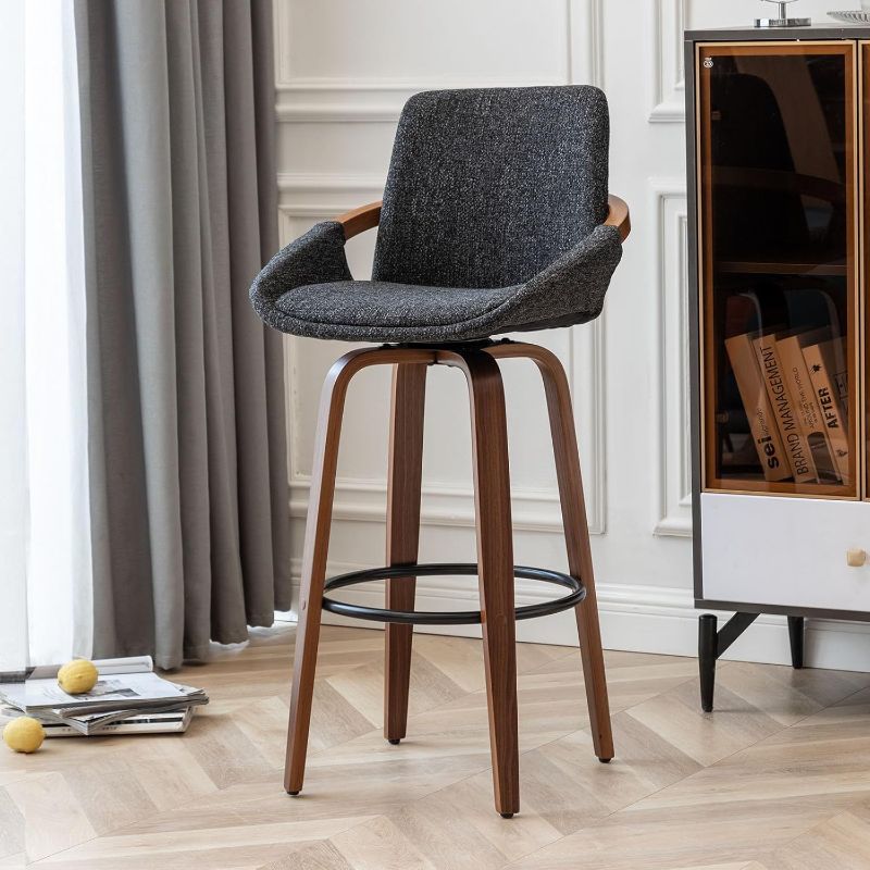Photo 1 of 29.5" Bar Height Bar Stools Set of 2,Mid Century Modern Retro Bar Chairs Charcoal Blue Linen Look Fabric Upholstered and Walnut Wood Frame Barstools for Home Bar Furniture