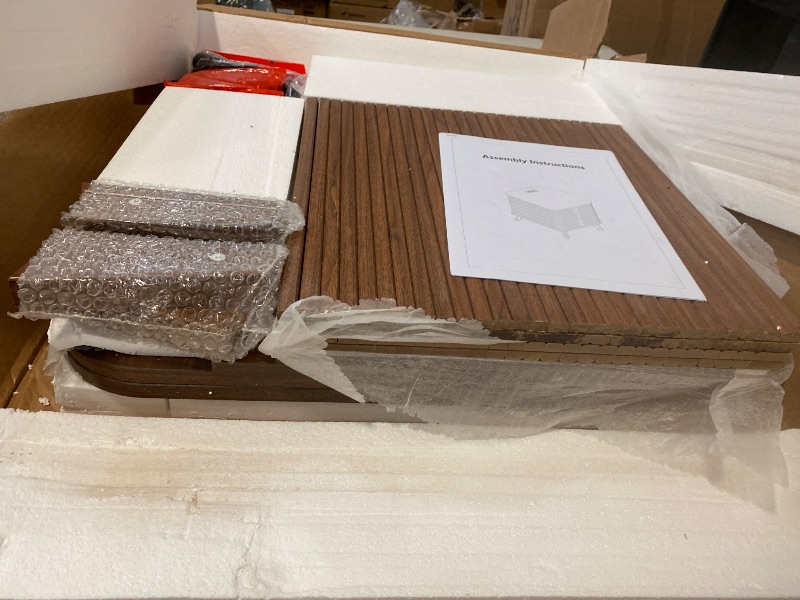 Photo 1 of 24" Large Square End Table with Charging Station, Farmhouse Fluted Sofa Side Table with Sliding Tambour Door & Storage, Curved Rustic Wood Nightstand for Living Room, Bedroom, Walnut