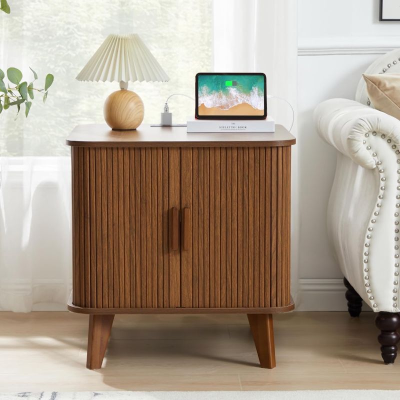 Photo 1 of 24" Large Square End Table with Charging Station, Farmhouse Fluted Sofa Side Table with Sliding Tambour Door & Storage, Curved Rustic Wood Nightstand for Living Room, Bedroom, Walnut