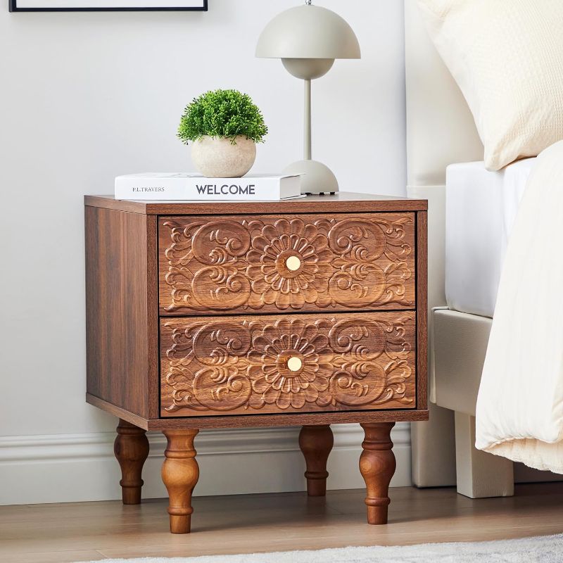 Photo 1 of Nightstand, Farmhouse Bedside Table with 2 Drawers and Metal Handles, Wood Sofa Side Table End Table Accent Dresser for Bedroom, Living Room (Walnut) (15.75 x 16.02 x 18.15 Inch)