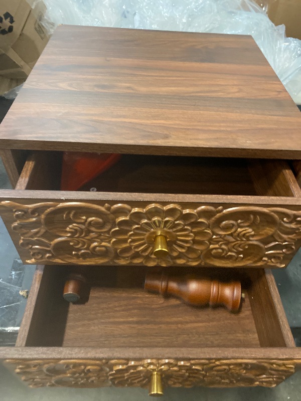 Photo 1 of Nightstand, Farmhouse Bedside Table with 2 Drawers and Metal Handles, Wood Sofa Side Table End Table Accent Dresser for Bedroom, Living Room (Walnut) (15.75 x 16.02 x 18.15 Inch)