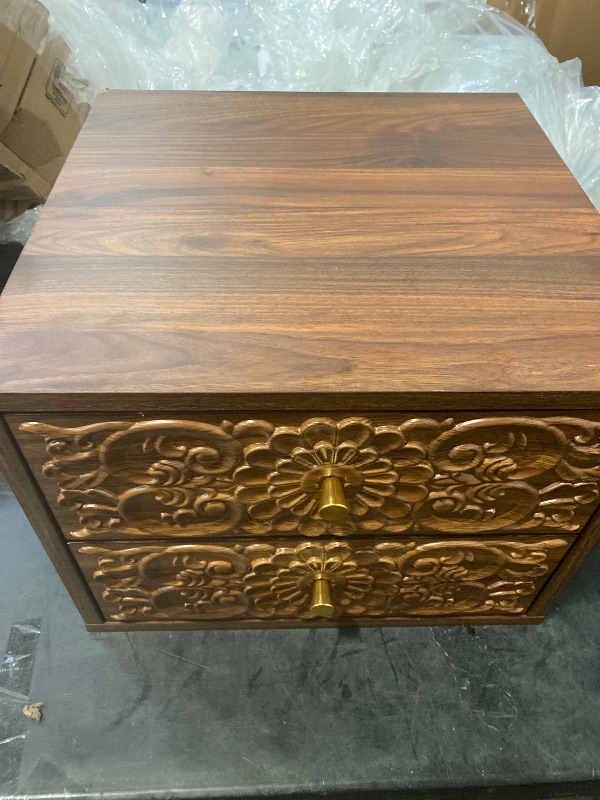 Photo 1 of Nightstand, Farmhouse Bedside Table with 2 Drawers and Metal Handles, Wood Sofa Side Table End Table Accent Dresser for Bedroom, Living Room (Walnut) (15.75 x 16.02 x 18.15 Inch)