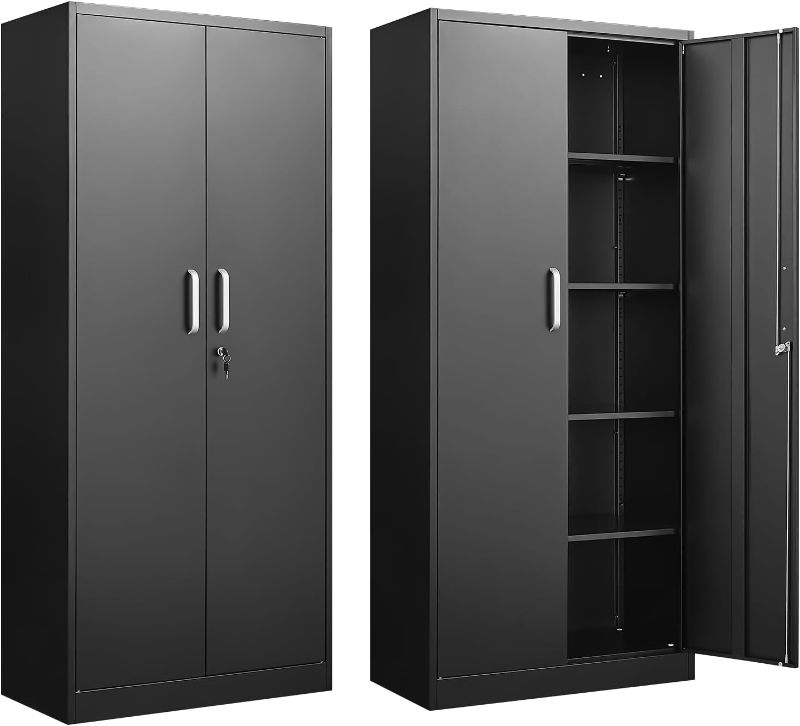 Photo 1 of Metal Storage Cabinet with Adjustable Shelves, Garage Cabinet with 2 Lockable Doors, Garage Storage Cabinet, Kitchen Pantry Cabinet - 71'H, Black