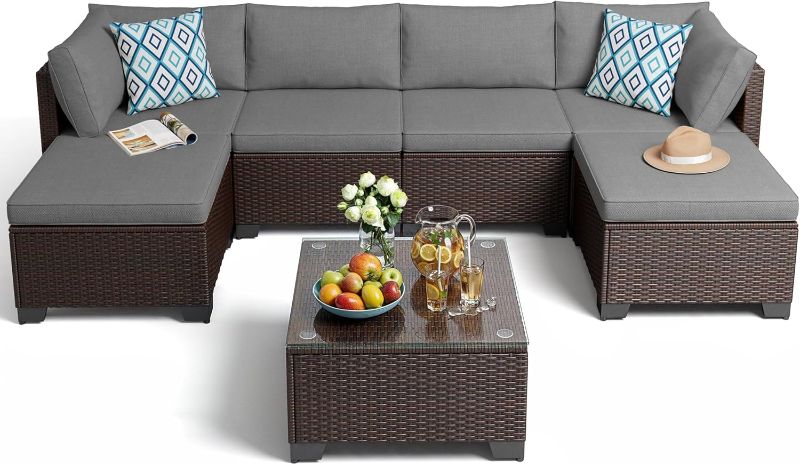 Photo 1 of 7 Pieces Outdoor Patio Furniture Set, All-Weather PE Rattan Wicker Sectional Sofa Seating with Waterproof Cushions and Coffee Table, Outdoor Conversation Set for Garden, Backyard, Balcony