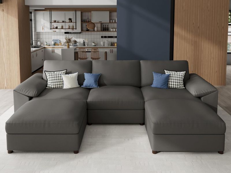 Photo 1 of Oversized Modular Sofa with Deep Seat,Leather Sectional U Shaped Couch for Living Room,Comfy Scratch Resistant Faux Leather Material,Modern Sofas with Ottoman,Grey