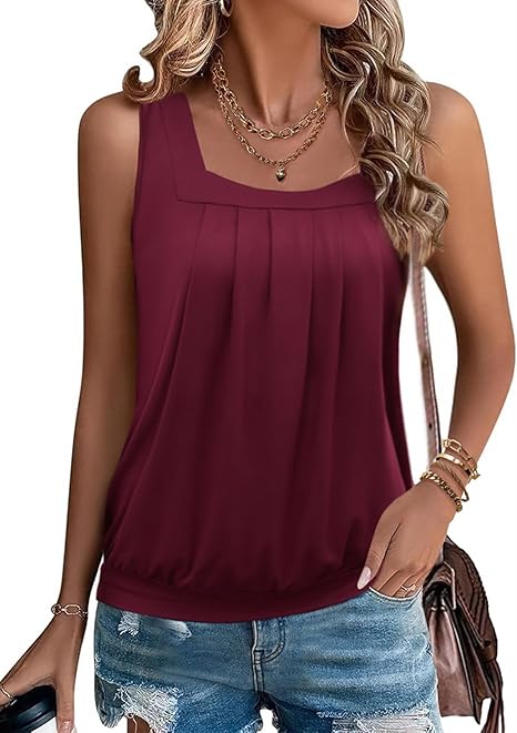 Photo 1 of XL Womens Tank Tops Summer Sleeveless Loose Fit Square Neck Pleated Shirts Banded Basic Casual Trendy Clothes