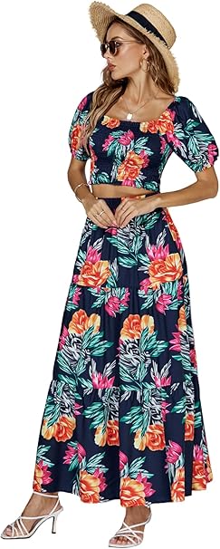 Photo 1 of (M) 2 Piece Outfits For Women Sexy Skirt Set Ruffle Printed Crop Top And Boho Tropical Maxi Dress Sets