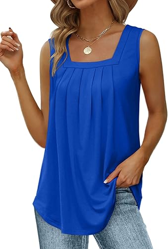 Photo 1 of L Summer Tank Tops for Women Loose Fit Pleated Square Neck Sleeveless Tops Curved Hem Flowy
