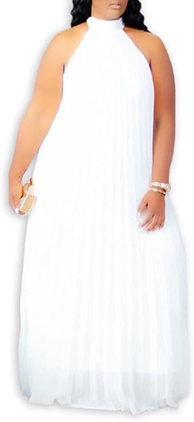 Photo 1 of 3XL Womens Casual Sleeveless Plus Size Chiffon Halter Neck Pleated Loose Long Maxi Dress