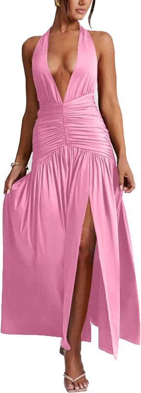 Photo 1 of S Women's Sexy Halter Deep V Neck Maxi Dress Sleeveless Backless High Slit Ruched Long Dress Summer Party Cocktail Dress