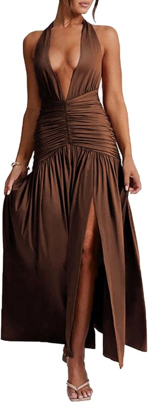 Photo 1 of S Women's Sexy Halter Deep V Neck Maxi Dress Sleeveless Backless High Slit Ruched Long Dress Summer Party Cocktail Dress