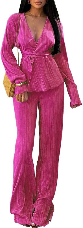 Photo 1 of M Women's Two Piece Sets Long Sleeve Pleated Open Front Shirt with Belt Flare Wide Leg Pants Sets Streetwear
