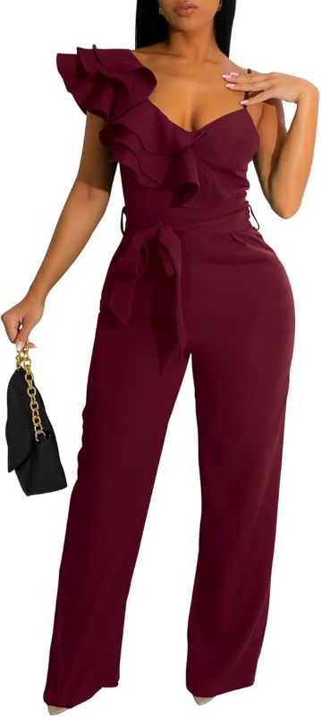 Photo 1 of XL Womens Casual Jumpsuits V-Neck Sleeveless Ruffle Backless Belted Wide Leg Pant Sexy Romper Party Clubwear Wine Red