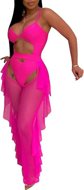 Photo 1 of L 2 Piece Outfits Bikini Swimsuit - Sexy See Through Mesh Crop Top Ruffle Long Pant Jumpsuits Beach Cover Up