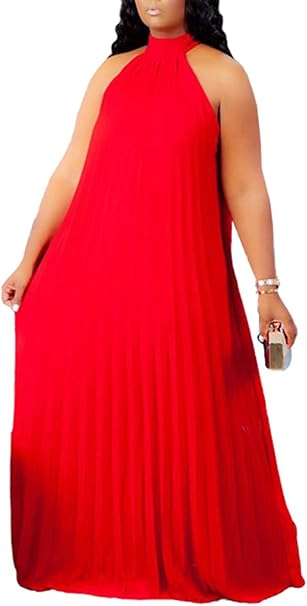 Photo 1 of 3XL Womens Casual Sleeveless Plus Size Chiffon Halter Neck Pleated Loose Long Maxi Dress