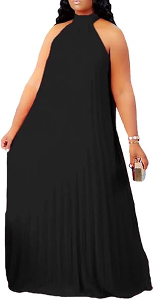 Photo 1 of 3XL Womens Casual Sleeveless Plus Size Chiffon Halter Neck Pleated Loose Long Maxi Dress Black