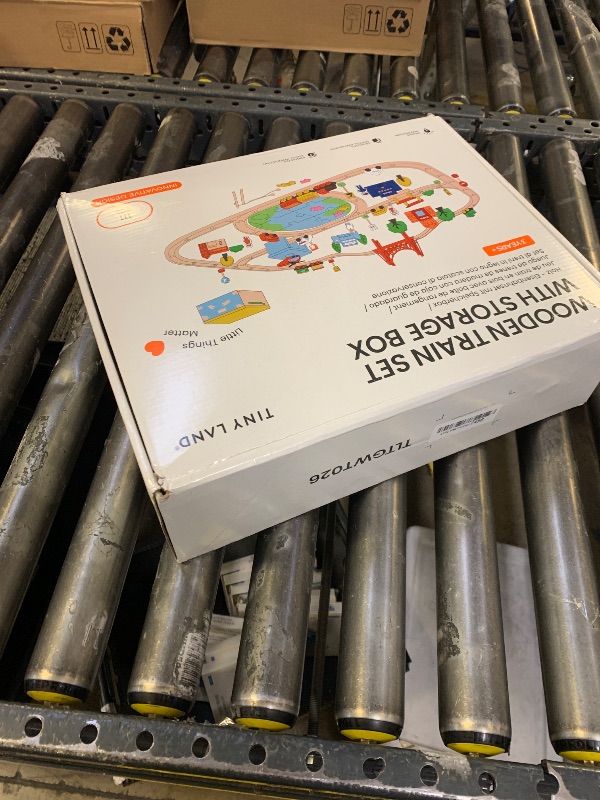 Photo 1 of Tiny Land 110pcs Wooden Train Set with Folding Storage Box, Wooden Train Track Toy for Boys & Girls, Age 3-7, Includes Convenient Storage