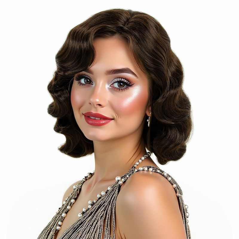 Photo 1 of MEDISIFA Brown 20s Wig for Women Finger Wave Party Synthetic Full Vintage Wigs for Womens Lady Cosplay Costume Fancy Dress 1920s Flapper Wig