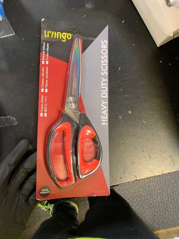 Photo 1 of LIVINGO 10" Multipurpose Heavy Duty Scissors, Premium Titanium Coating Forged Stainless Steel Tool Industrial Shop Shears for Household, Pruning, Gardening, Fabric, Red/Black