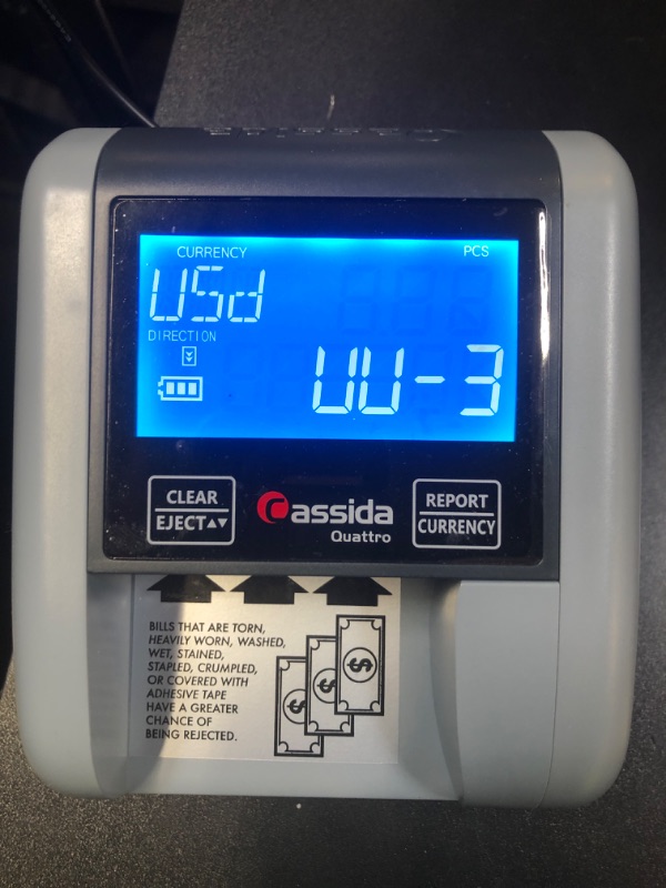 Photo 1 of Cassida Quattro Fast Automatic Currency Counterfeit Detector with Advanced Sensors (UV,MG,IR,MT,Thickness,Size) - All-Orientation Feeding - Rechargeable Battery - 3.5" Value & Pass/Fail Display