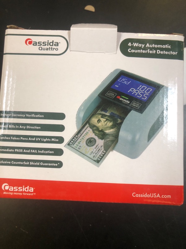 Photo 1 of Cassida Quattro Fast Automatic Currency Counterfeit Detector with Advanced Sensors (UV,MG,IR,MT,Thickness,Size) - All-Orientation Feeding - Rechargeable Battery - 3.5" Value & Pass/Fail Display