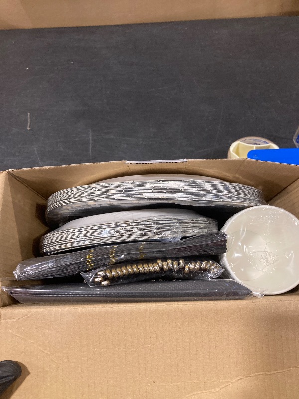 Photo 1 of 176 Pieces Gold Disposable Party Dinnerware Set &Golden Dot Disposable Party Dinnerware - Black Paper Plates Napkins Cups, Gold Plastic Forks Knives Spoons