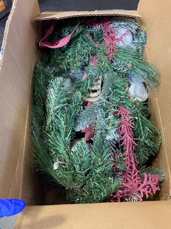 View 2 of 20 inch Pink Christmas Garland for Front Door, Artificial Cedar with White Magnolia Flowers Paired with Pink Berry Balls for Window Wall Porch Indoor and Outdoor Home Decorations