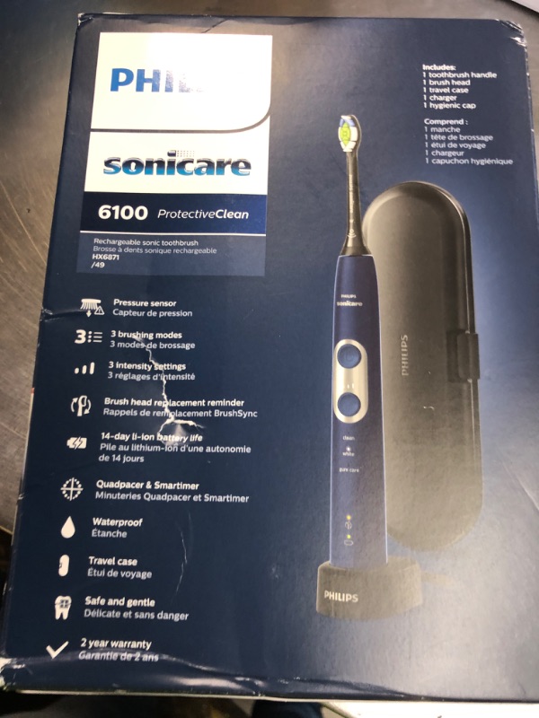 Photo 1 of Philips Sonicare ProtectiveClean 6100 Rechargeable Electric Toothbrush, with Pressure Sensor, 3 Cleaning Modes, SmarTimer and QuadPacer, 14-Day Battery Life, Travel Case, Navy Blue, Model HX6871/49