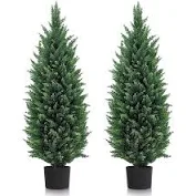 Photo 1 of DLD Artificial Cedar Tree 2 Pack 4 ft Indoor/Outdoor Faux Plants for Porch Decor Cedar Plants UV Protected Potted Tree, Artificial Plants Outdoor, Housewarming Gift