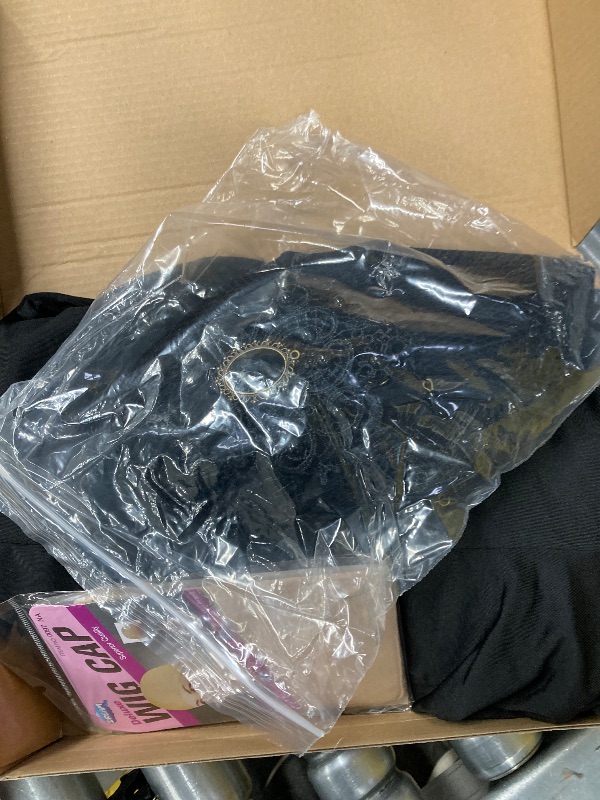 Photo 1 of ***(MISSING PIECES -SELLING AS IS)*** RAAIBB Halloween Costume Women Adult Long Black Dress with Gothic Necklace Long Wig Rose Flower Retro Black Gothic Dress for Costume