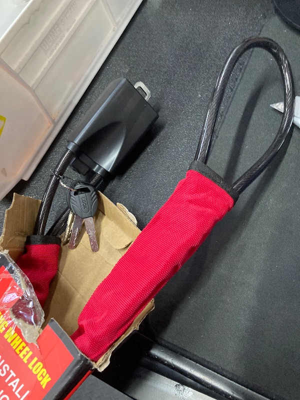 Photo 1 of ?HMYMYHM Car Steering Wheel Lock, Seat Belt Lock, Anti-Theft Device, Maximum Length 17 Inch, 3 Keys, Multi-Function, Suitable for Most Vehicles, SUV, Golf Cart Security (Red)